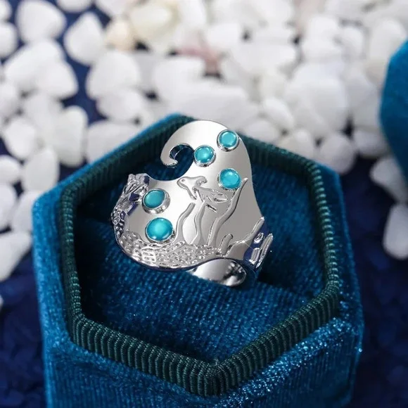 🎁925 Silver Plated Creative Vintage Fish Pattern Blue Gemstone Ring, UNVN12479 - Picture 4 of 4